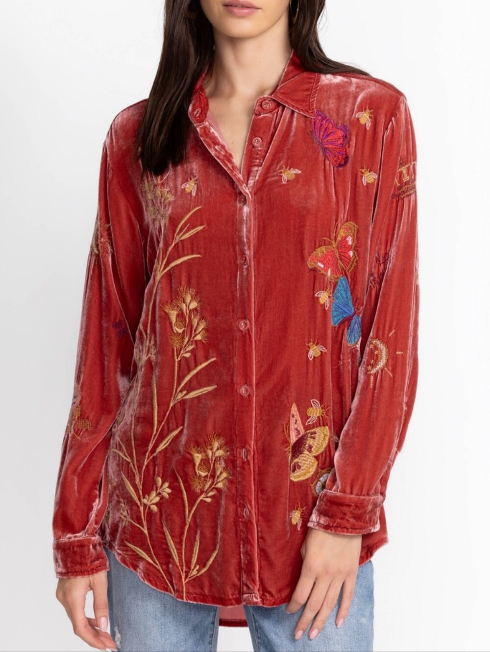 Johnny Was Aria Red Embroidered Silk Velvet Button-Up Top, EUC, Size M